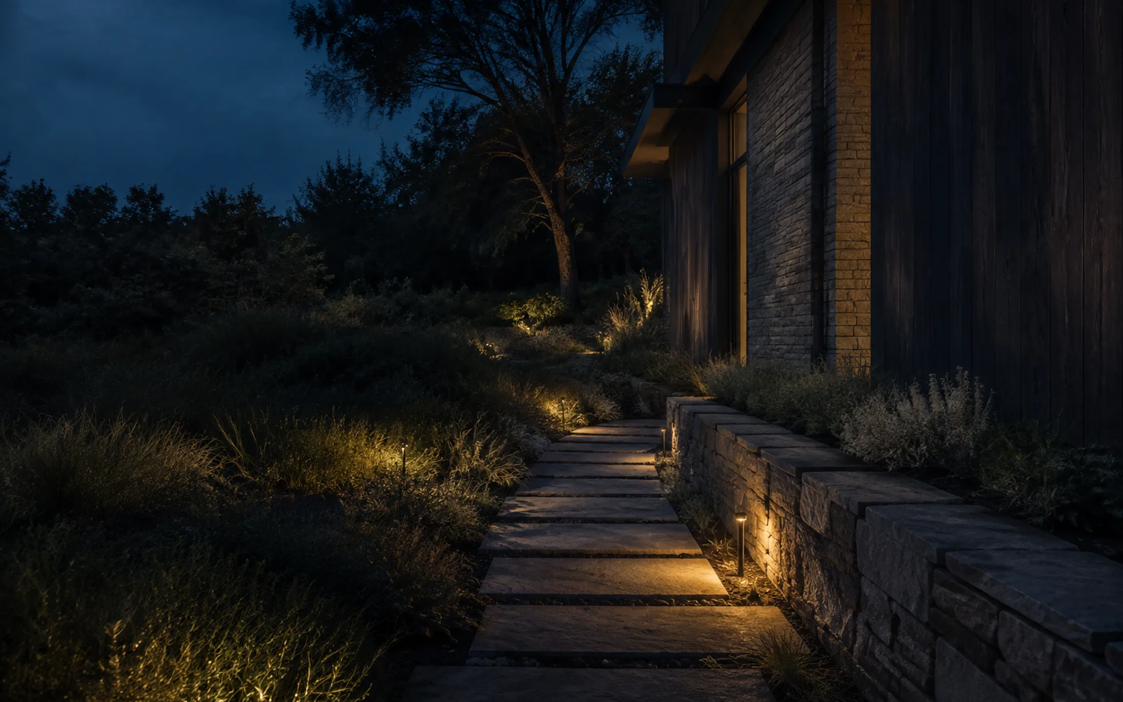 Anonymous landscaped stone path beside a contemporary residence at dusk